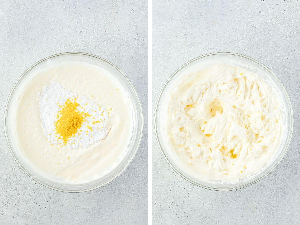Two images: One showing the thickened whipped cream with ingredients on top, the other of whipped cream in a bowl.
