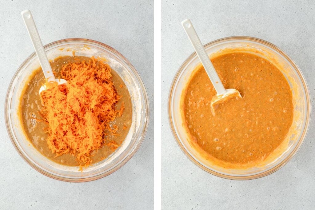 Two bowls: one with grated carrots on batter, one with batter fully mixed, both with spatulas on a light background.