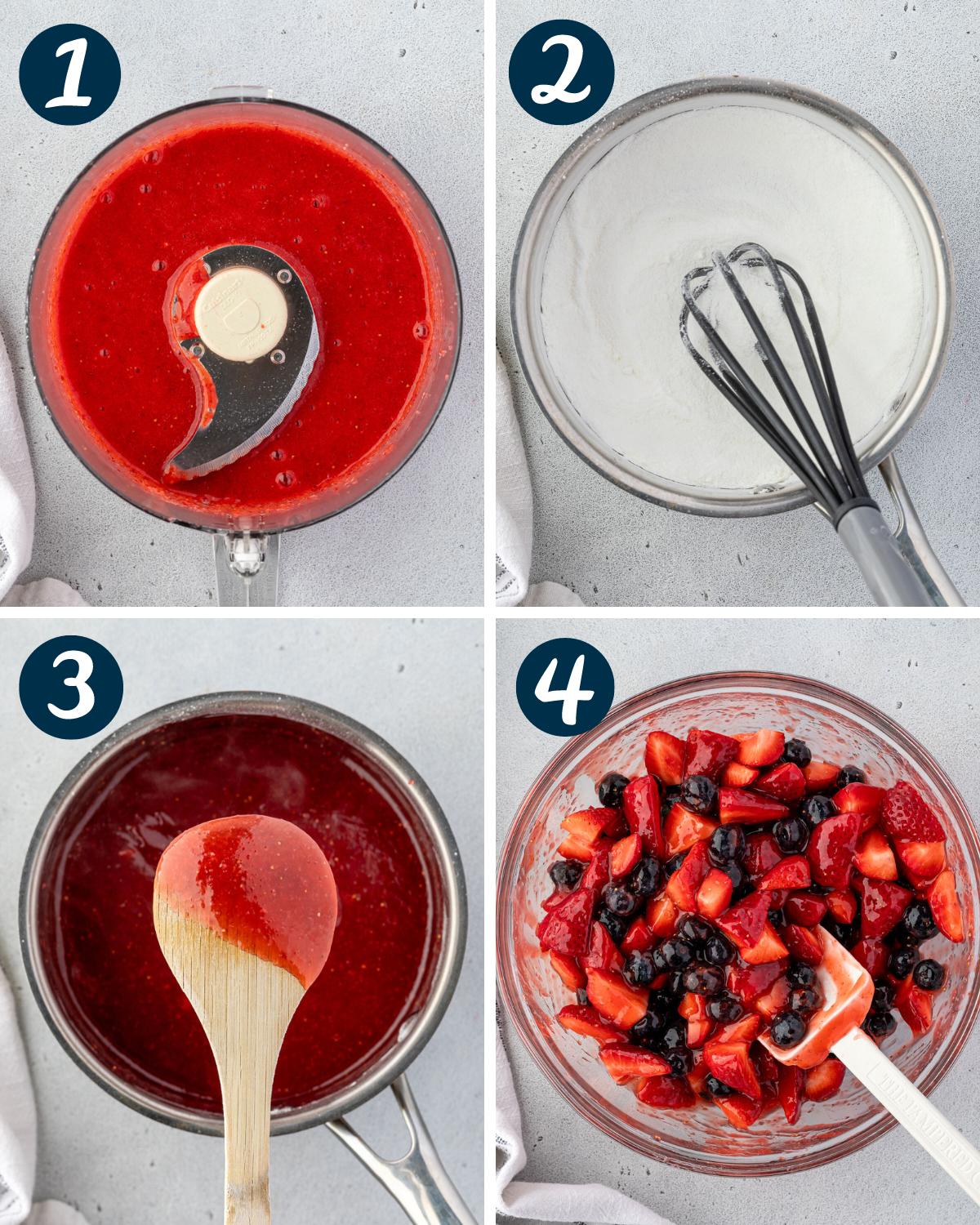 A four-part image showing steps of a recipe: 1) pureed red fruit in a blender, 2) sugar and cornstarch in a bowl with a whisk, 3) stirring a red sauce with a wooden spoon, and 4) mixed fruits in a bowl.