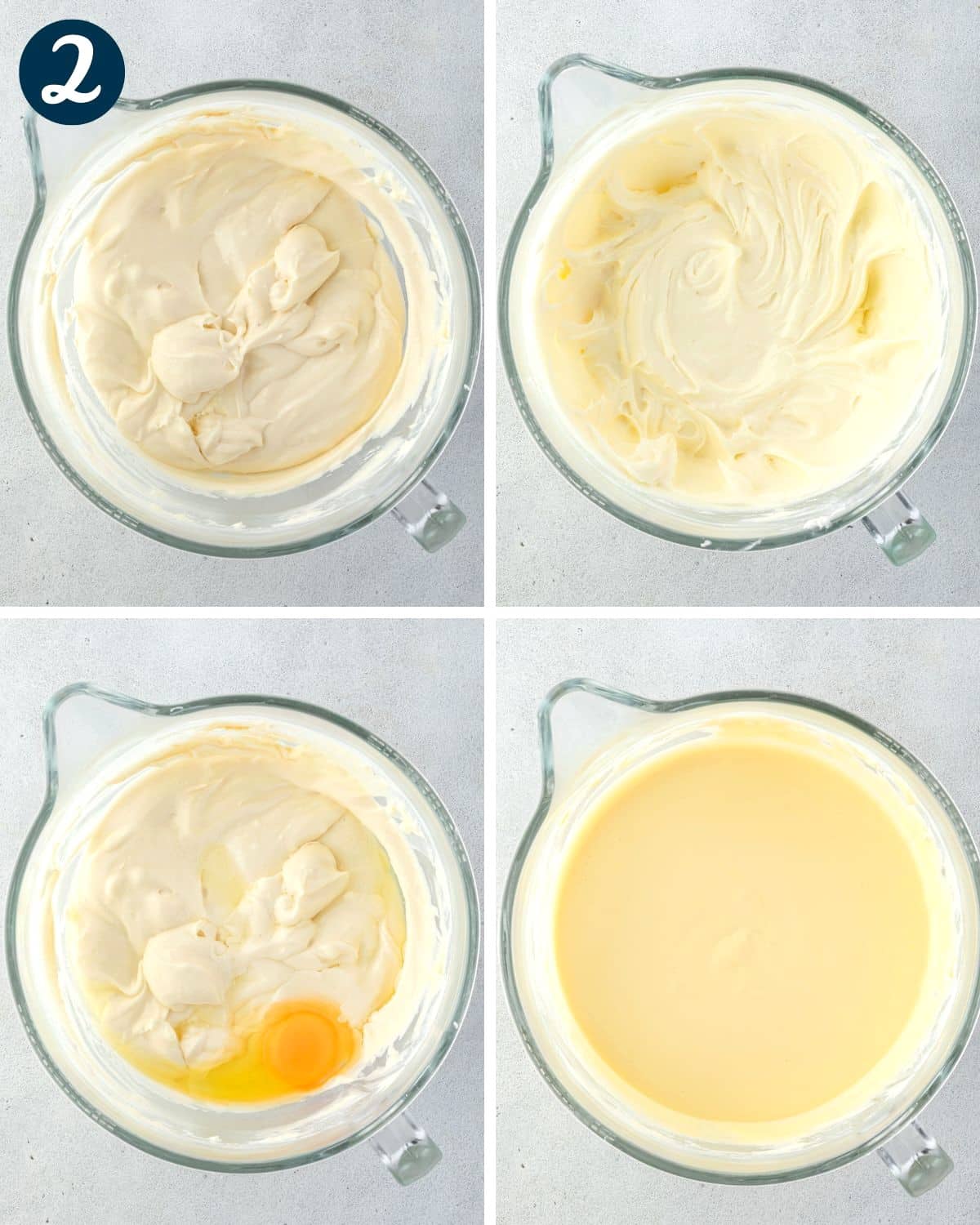 Four photos of a mixing bowl with ingredients being combined to make cheesecake batter.