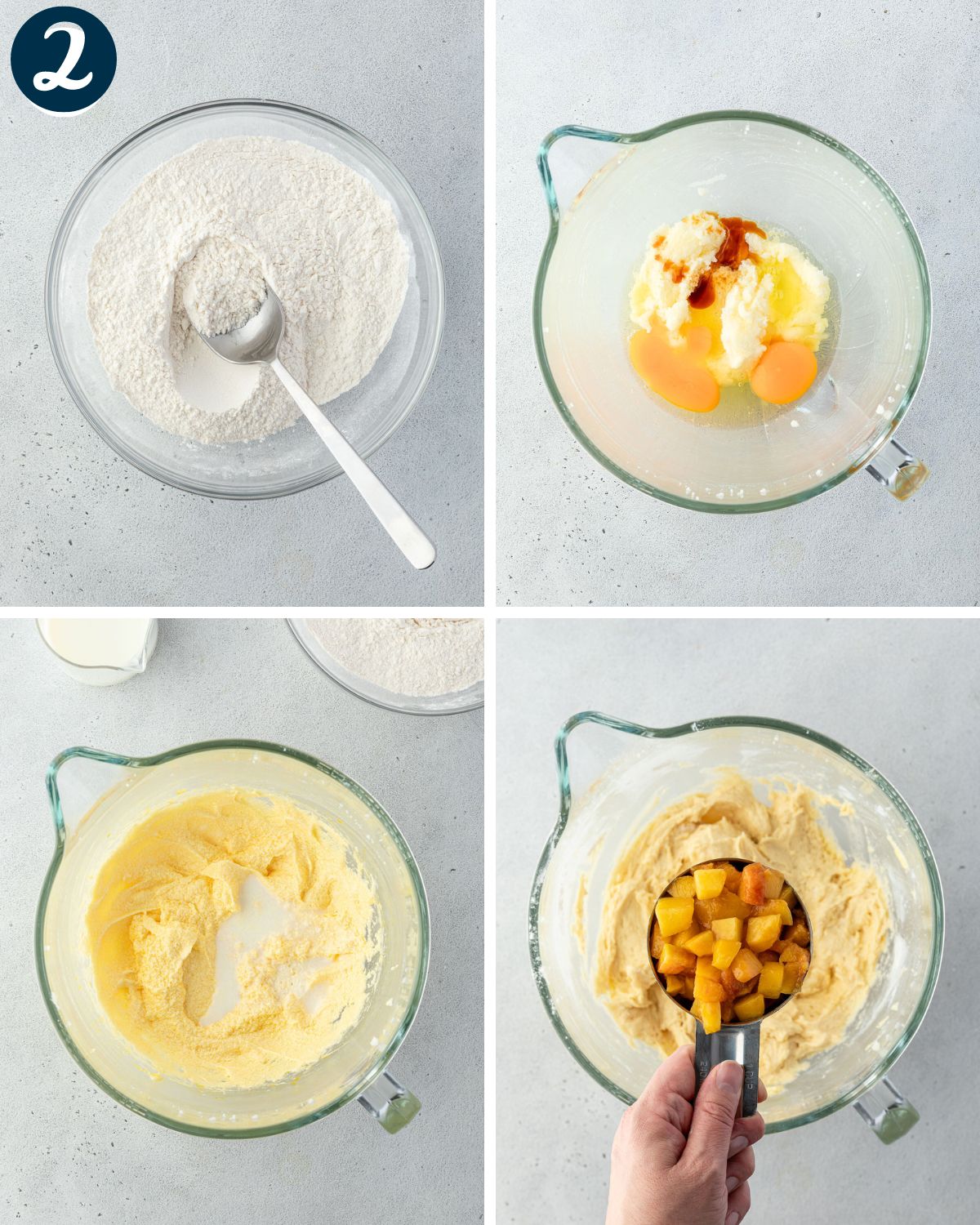 A 4-panel image showing the steps of making the batter: Bowl of flour, batter with eggs and vanilla, batter with spash of milk, and finally batter with a cup of chopped peaches held over it.