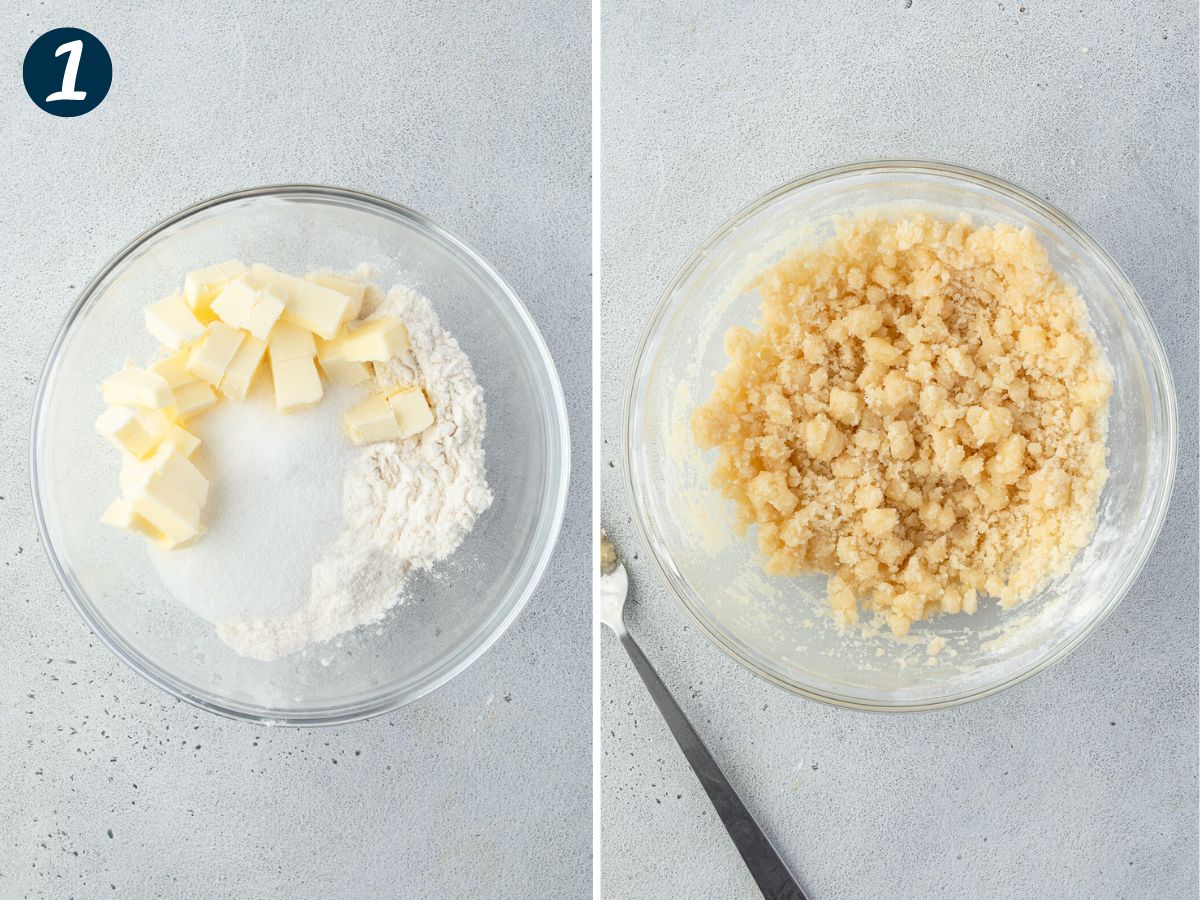 A two-panel image showing the process of making crumble topping, left with the ingredients unmixed, and right a crumbling streusel.