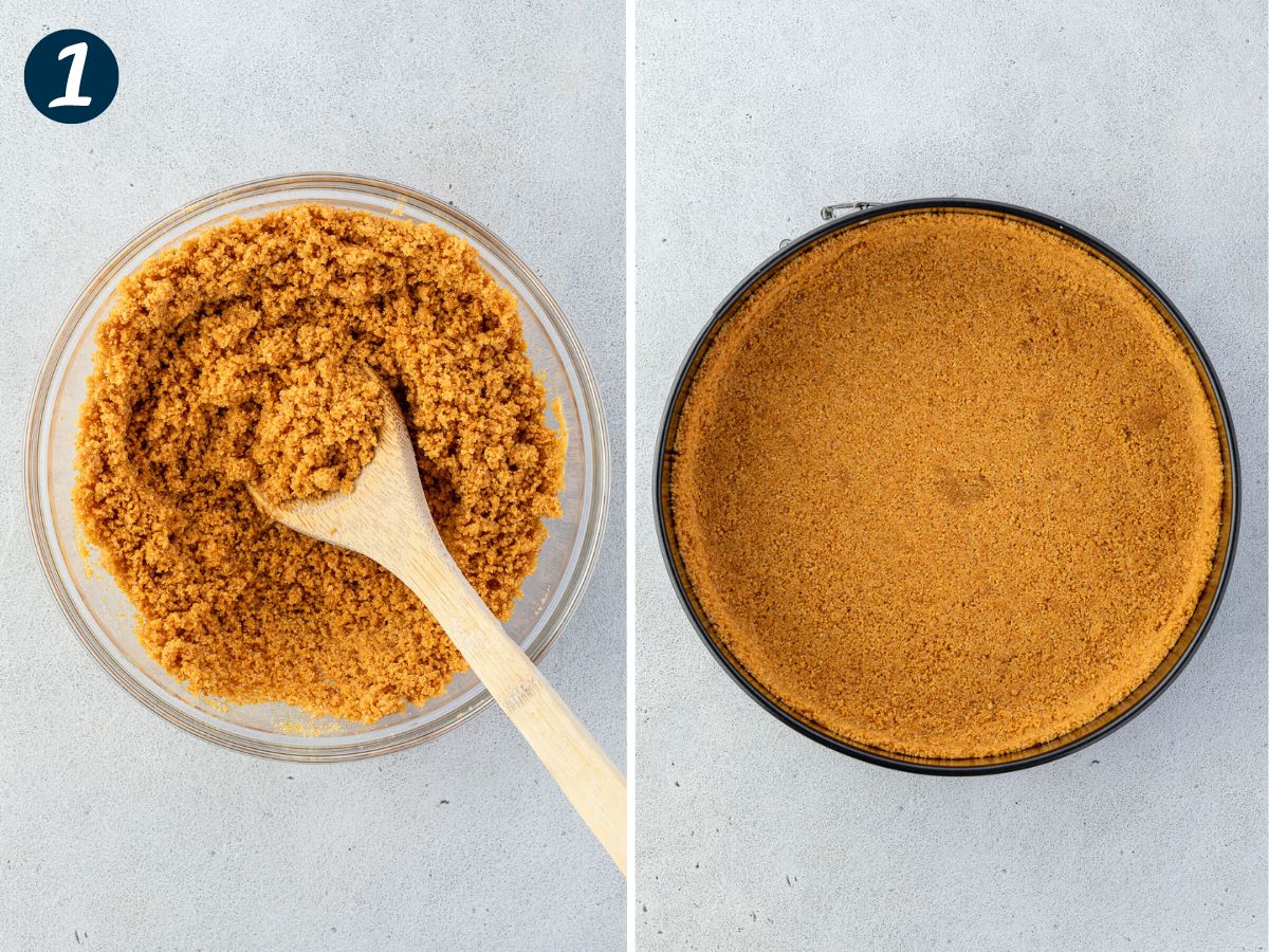 Two side-by-side images show steps to prepare a graham cracker crust.