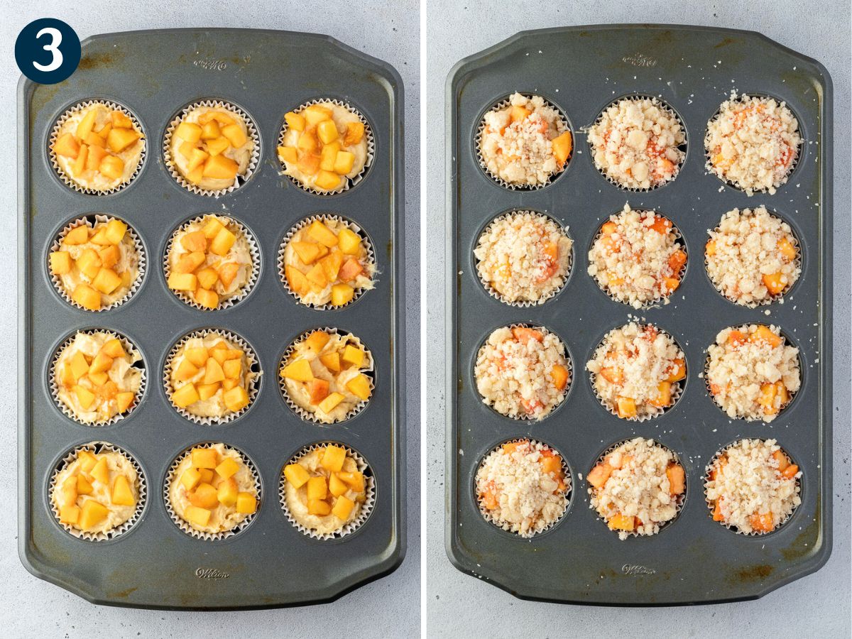 A muffin tray with 12 muffin liners filled with diced peaches on the left and the same tray on the right showing muffin liners with a crumbly topping added over the peaches, ready to be baked.