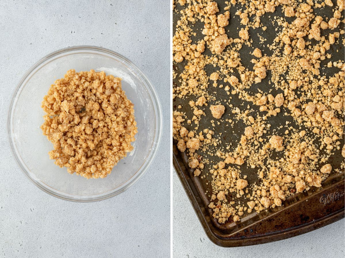 Two images: On the left is the unbaked crumble mixture and right is browned crumble on a baking sheet.