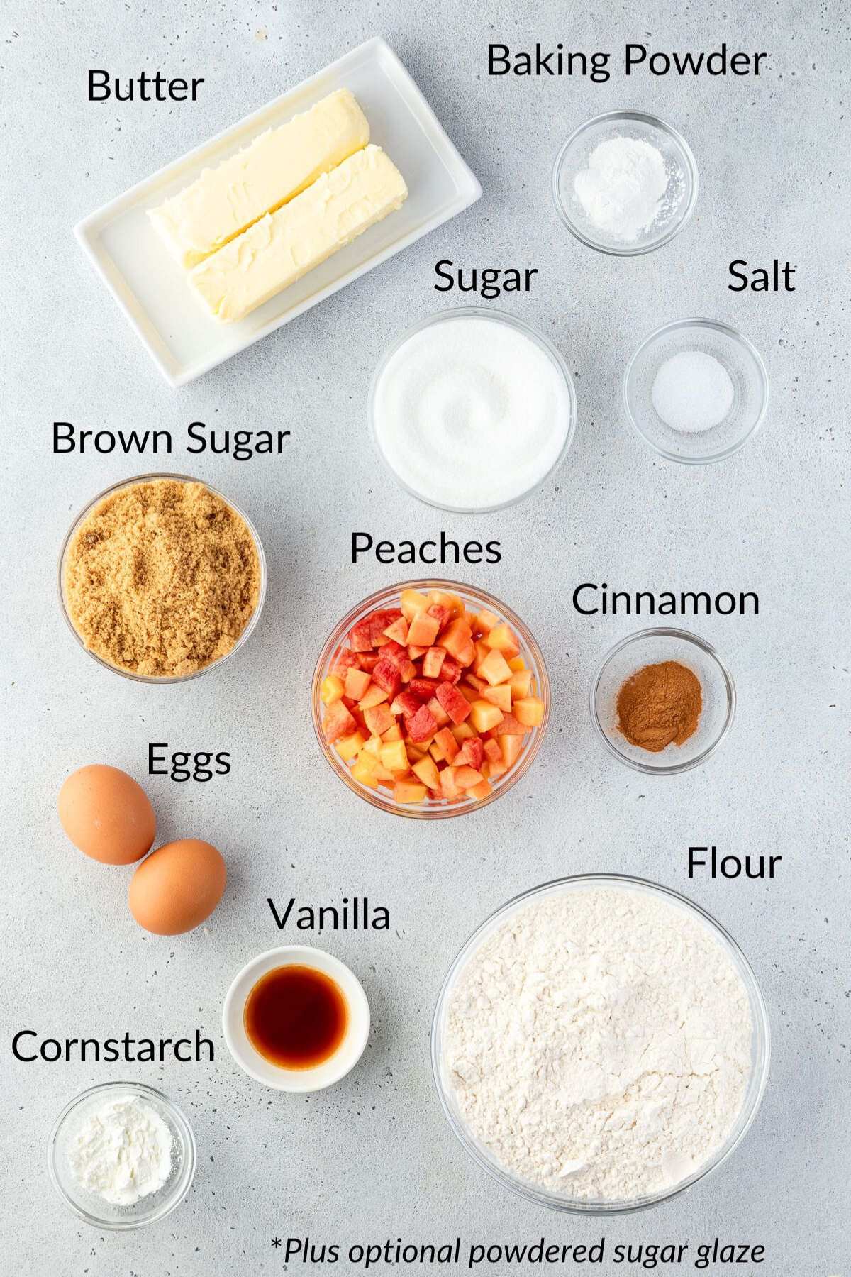 The cookie ingredients in individual bowls.