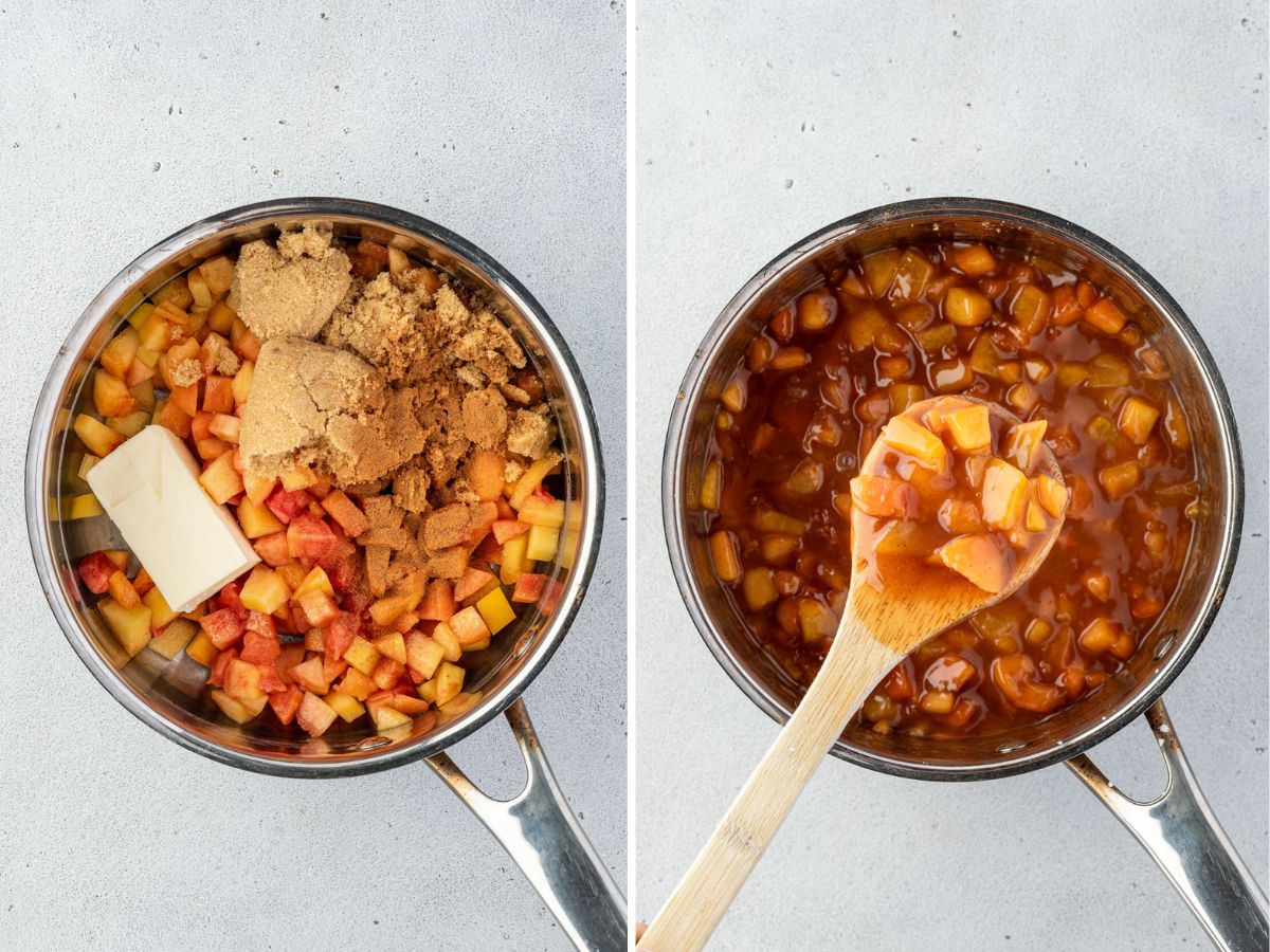 Two images show the steps of making a fruit compote, on left is ingredients in pan, and right is a thick mixture with cooked fruit pieces.