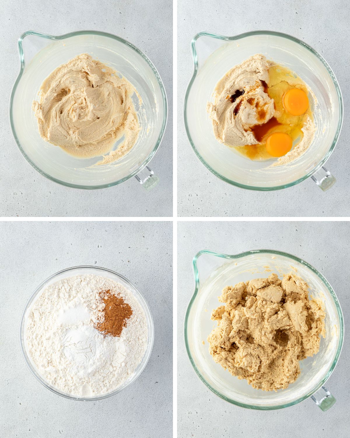 Four images showing steps in making cookie dough from creamed butter and sugar, eggs added, dry ingredients, and finished dough.