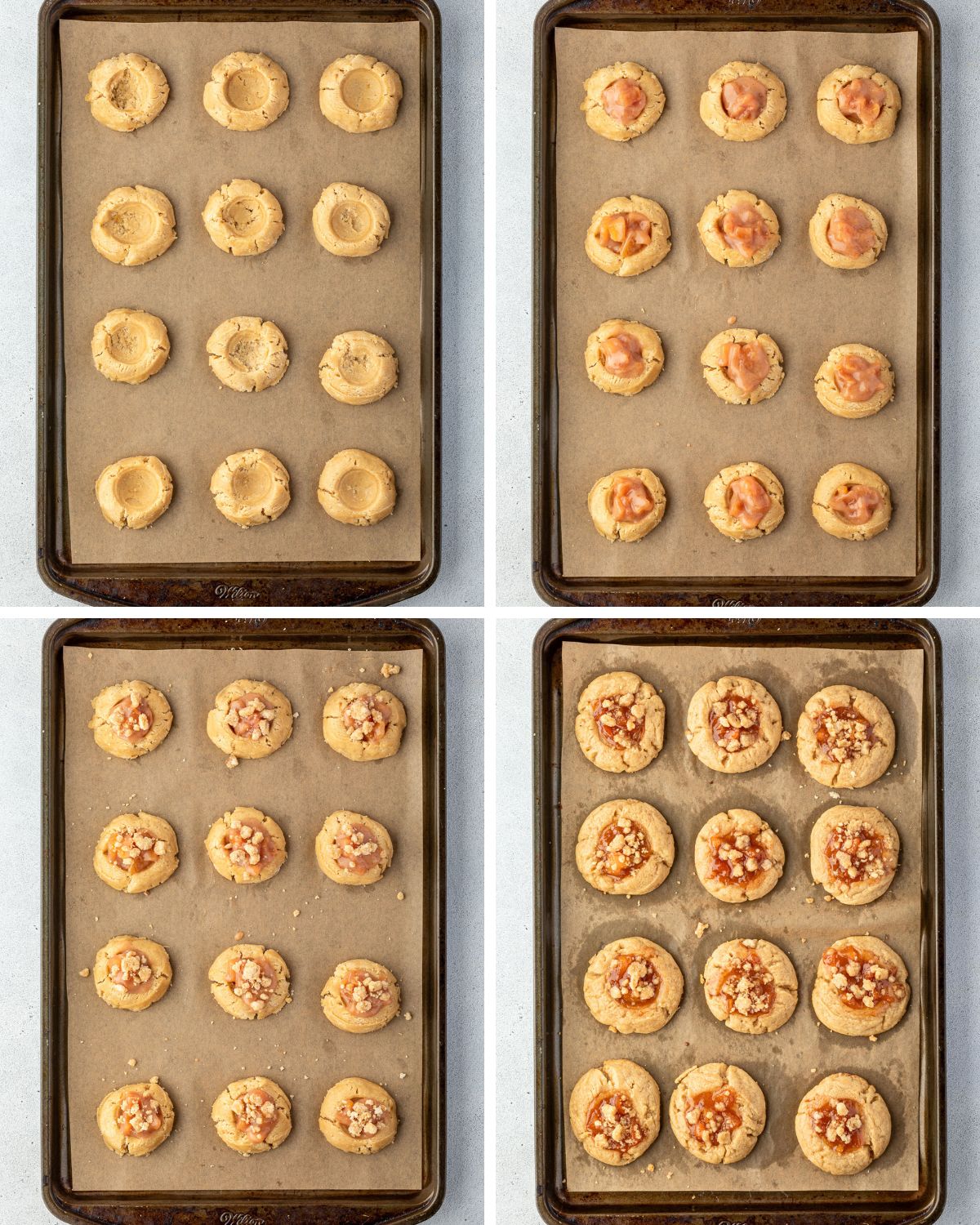 4 images showing the steps of filling the cookie: Dough with divots, filled with peach filling, topped with crumble, and baked.