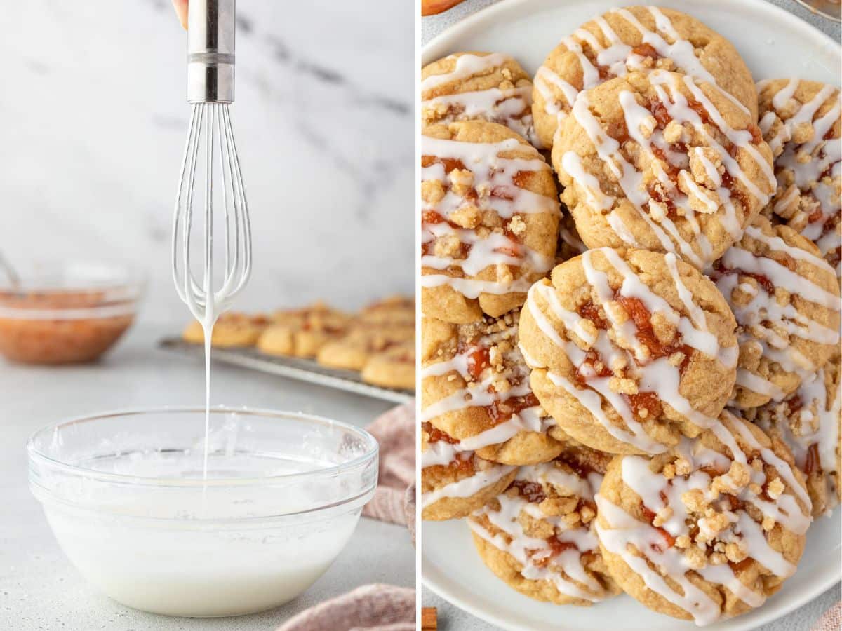 2 images: On the left is a whisk with icing dripping off into a bowl, right is a placed of cookies with icing drizzle.