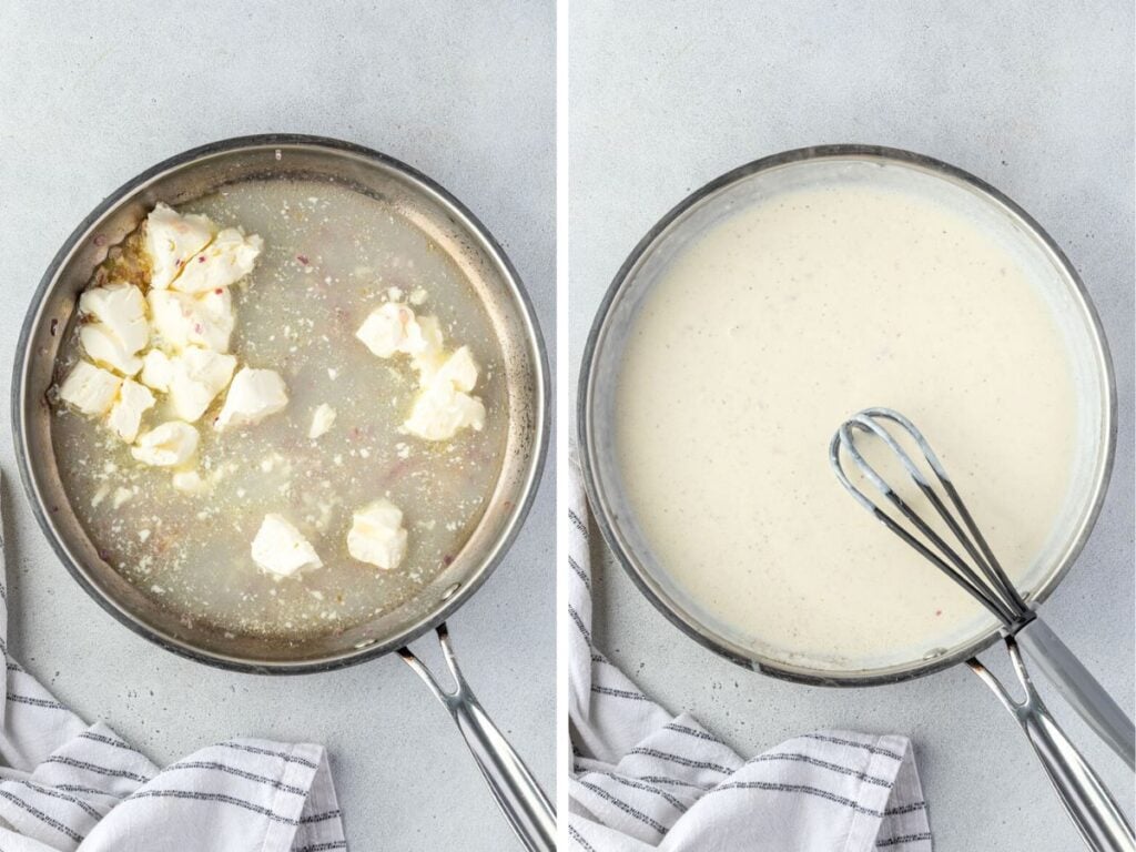 Two images , the left has cubes of cream cheese and some pasta water in a skillet, and the right is creamy white sauce in a skillet with a whisk.