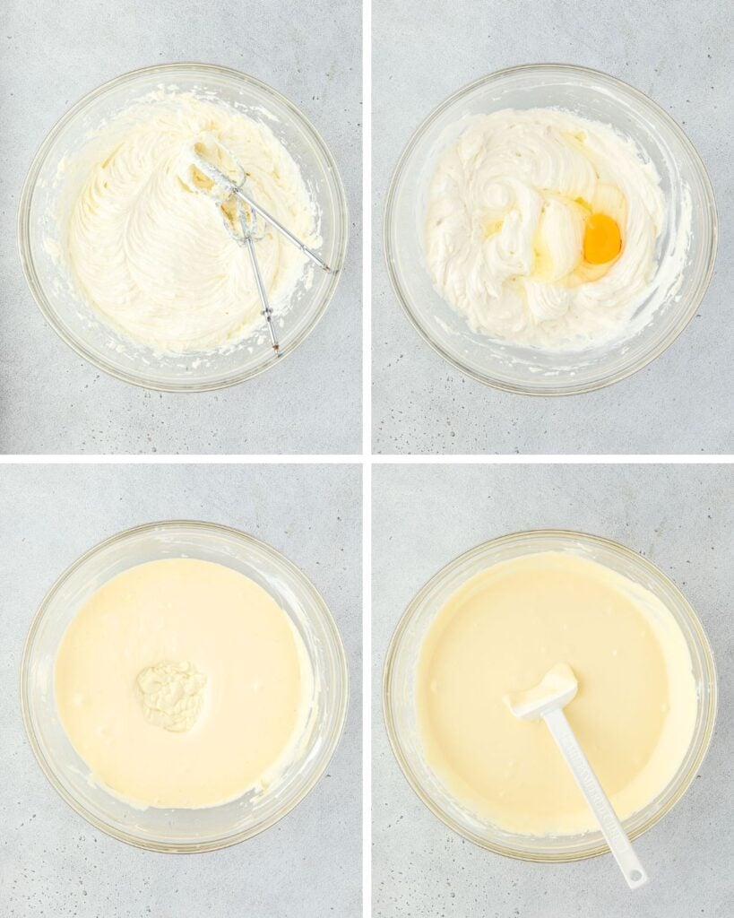 4 images showing the steps to make the filling progress from the initial mixing to achieving a smooth batter.