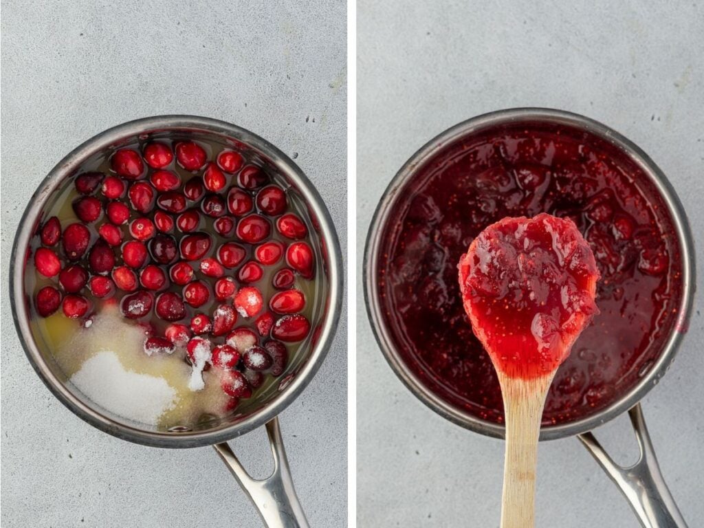 Left image: Fresh cranberries, sugar, and liquid simmering in a saucepan. Right image: Cooked cranberry sauce with a wooden spoon.