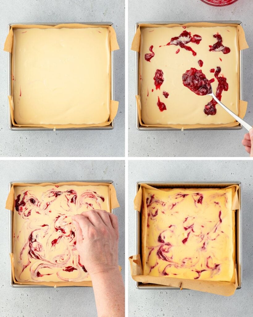 4 images showing cheesecake in the pan, spooning sauce on top, swirling, and after it has baked.