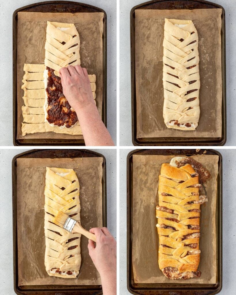 The four-step process of crafting a Cinnamon Danish Braid: filling added to dough, folded strips over filling, pastry brushed with egg wash, and fully baked on a baking sheet.