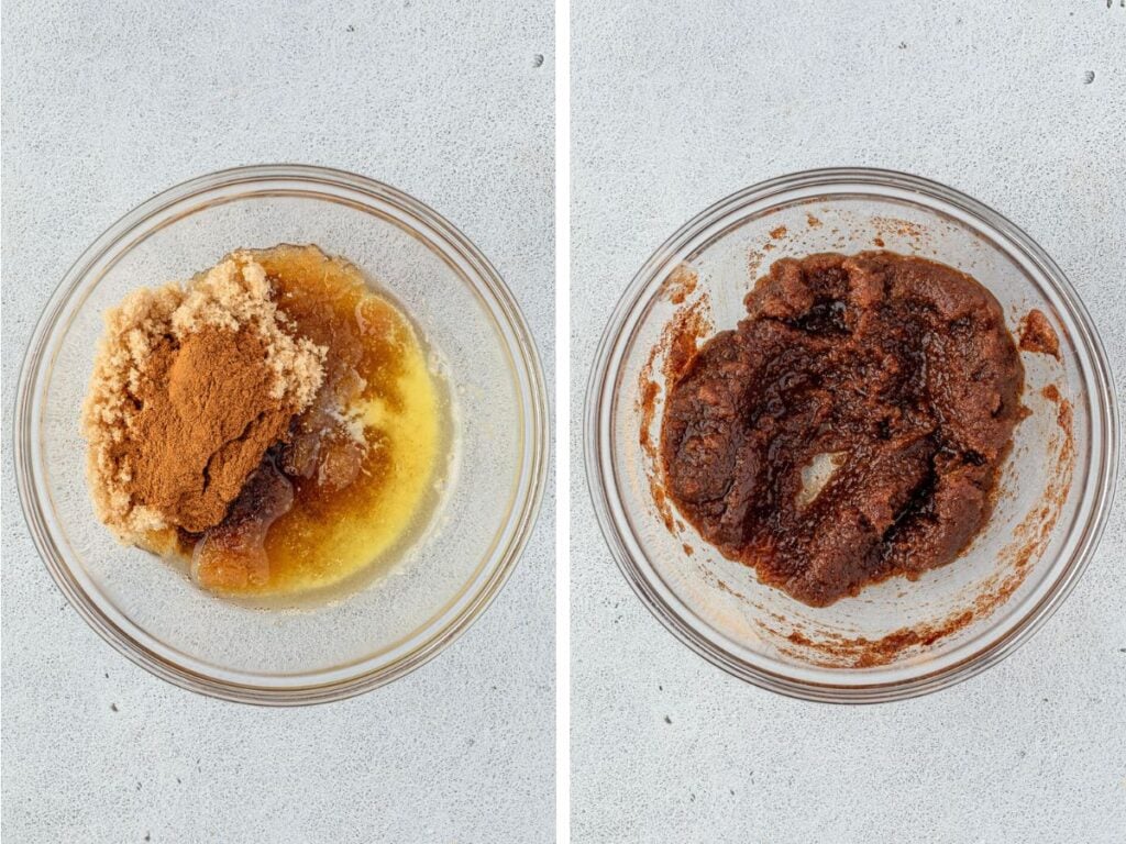 Two glass bowls sit on a gray surface: the left bowl holds brown sugar, butter, and cinnamon, while the right displays these ingredients blended into a rich brown paste.