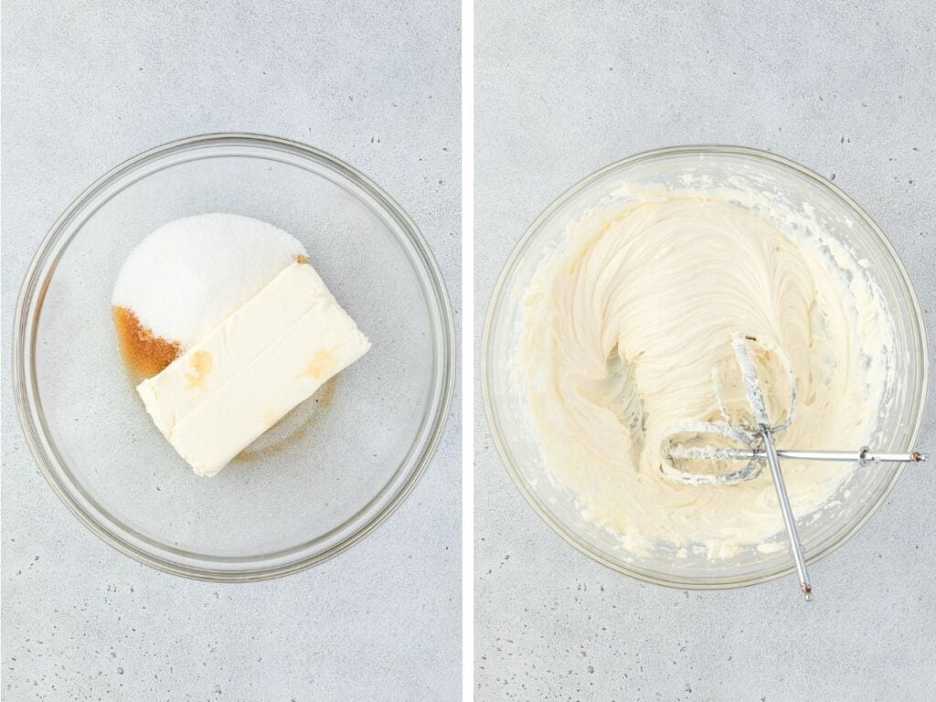 Two images: Left shows a mixing bowl with cream cheese, sugar, and vanilla extract and the right showcases the ingredients blended into a smooth, creamy mixture with a mixer beater.