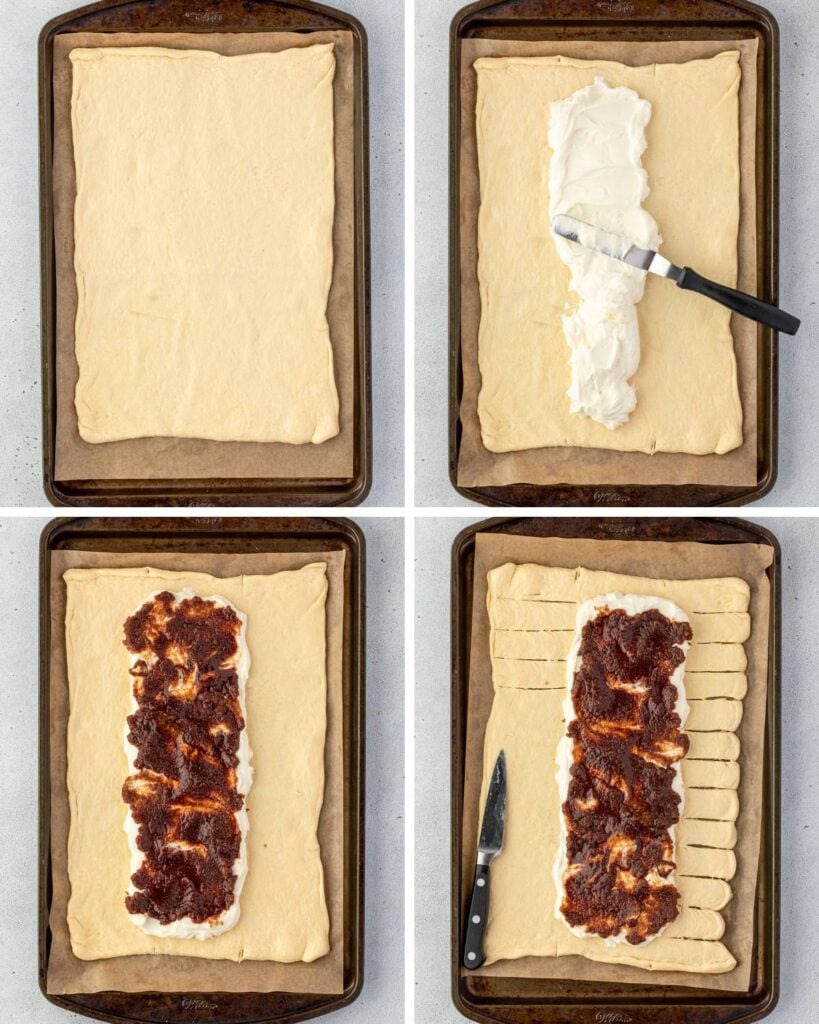 The four-step process of assembling a cinnamon pastry: rolling dough, spreading cheese, topping with sauce, and slicing.