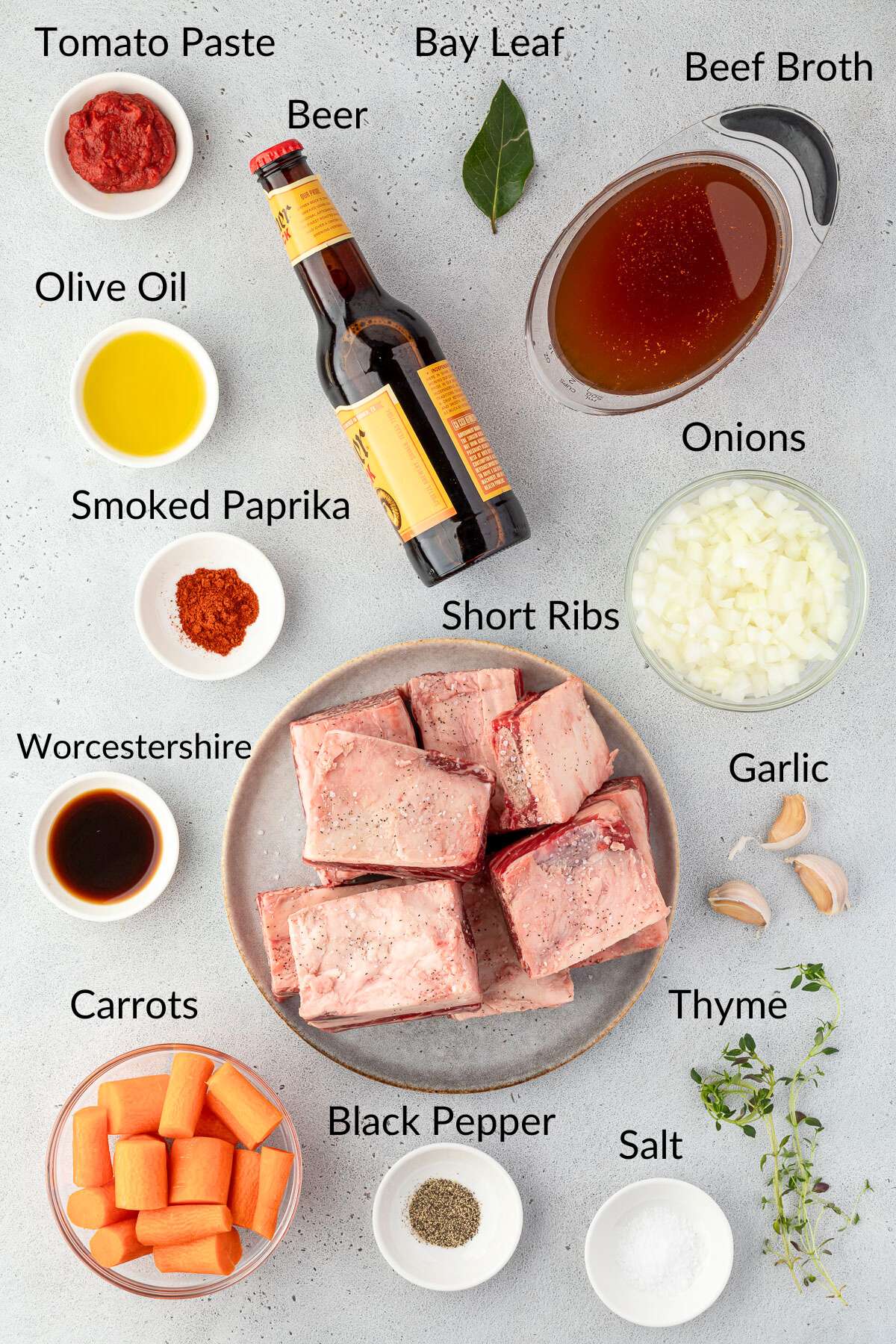 Ingredients for beer-braised short ribs prepared mise en place.