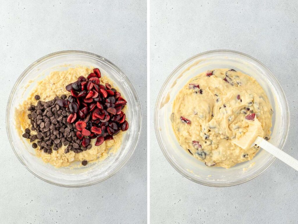 Two images of one bowl filled with batter: the first shows chocolate chips and cherries on top, while the second has them mixed in with a spatula.