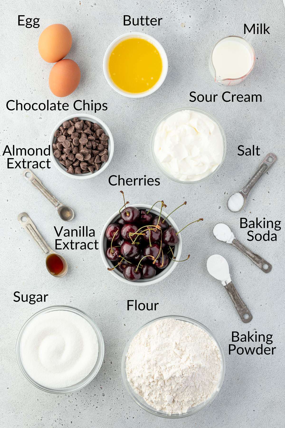 The baking ingredients artfully arranged on the countertop.