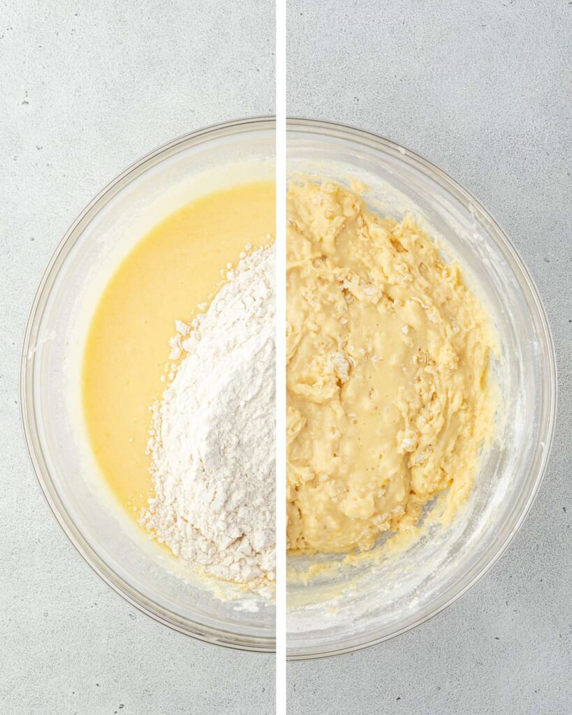 Side-by-side view of a mixing bowl: the left side displays partially mixed batter with flour on top; the right side reveals the blended bater with just a little bit of flour still visible.