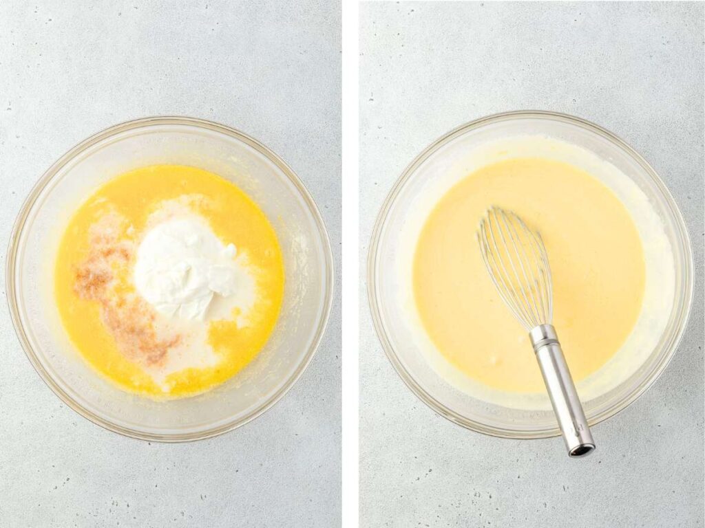 Two images of a one-bowl recipe in action: the left shows milk, sour cream, and eggs; the right reveals a smooth batter with a whisk.