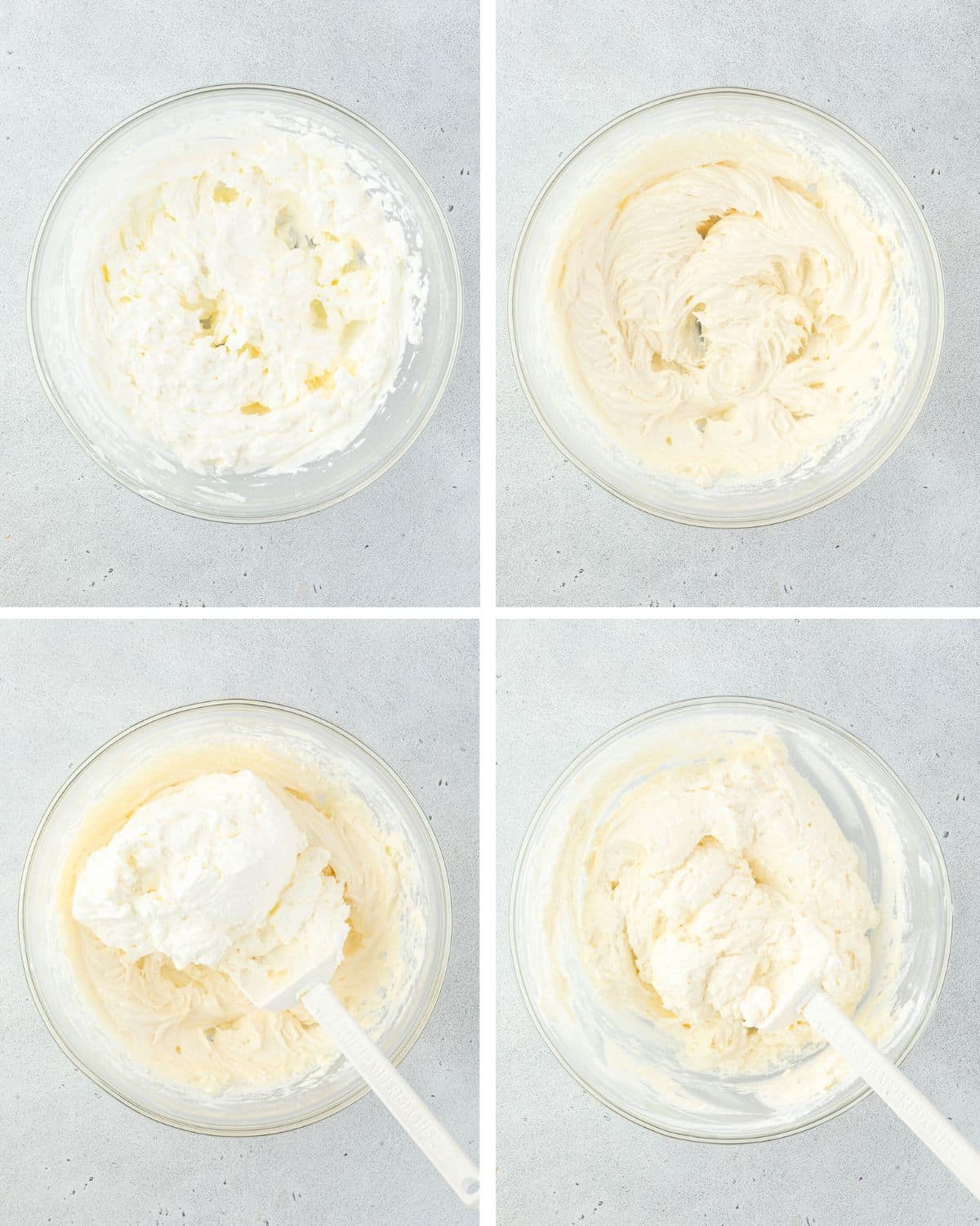Four glass bowls showing the step-by-step mixing of a creamy batter with a spatula on a light surface.