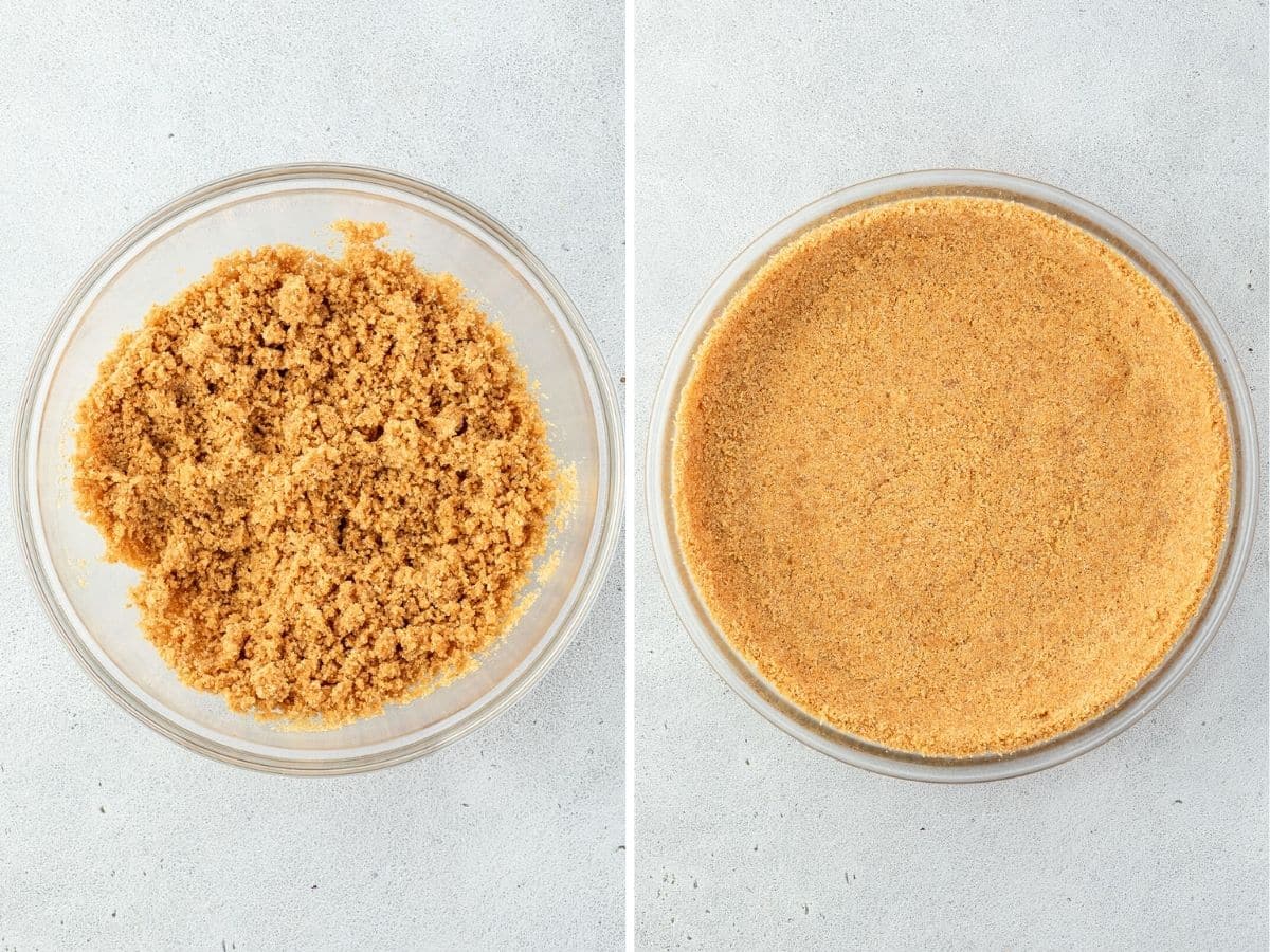 Side-by-side bowls: one with crumbly graham crust mix, one with pressed, smooth graham crust.