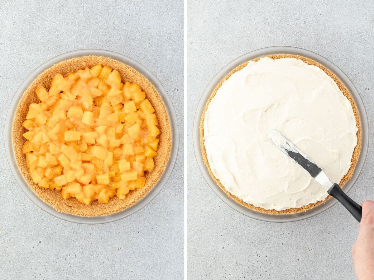 Left: pie crust with peach filling. Right: pie topped with creamy layer, being spread with a spatula.