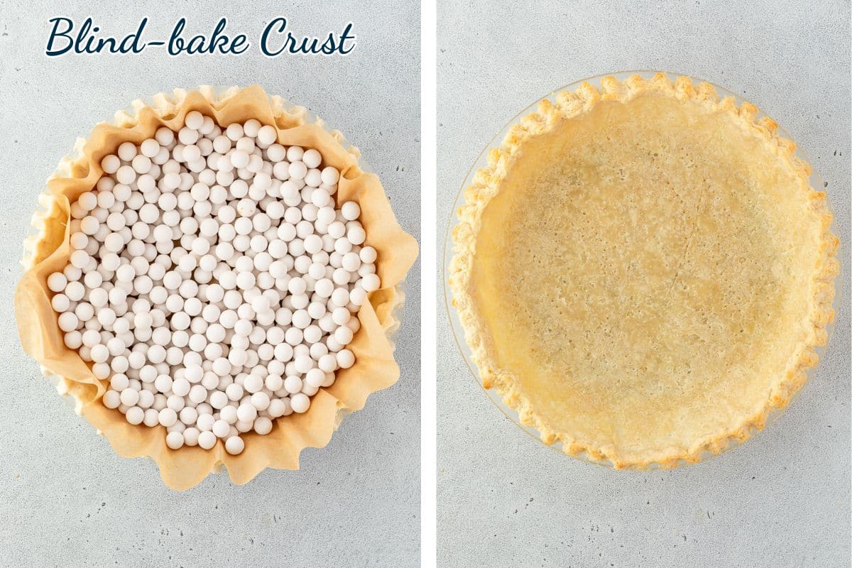 Two images: left shows a pie crust with pie weights, right shows a baked empty pie crust.