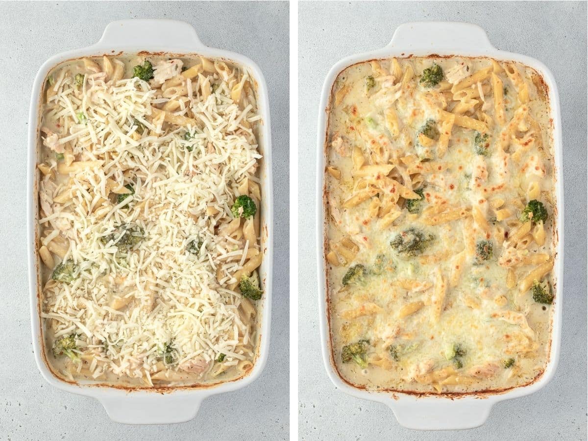 Side-by-side image of a pasta casserole: left uncooked with cheese on top, right baked with melted, golden cheese.