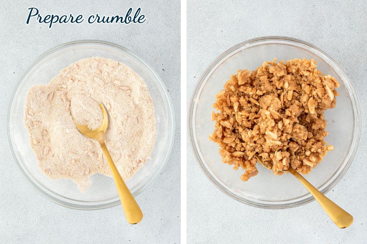 Two glass bowls with crumble mixture at different stages and gold spoons, on a light surface.
