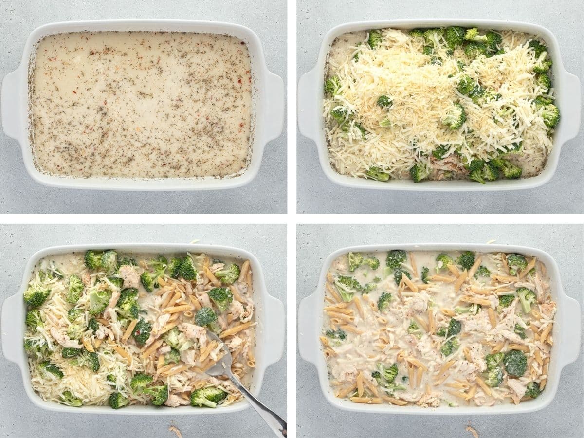 Four-step collage of making a broccoli pasta: sauce, cheese, chicken, and broccoli, mixing, and adding pasta.