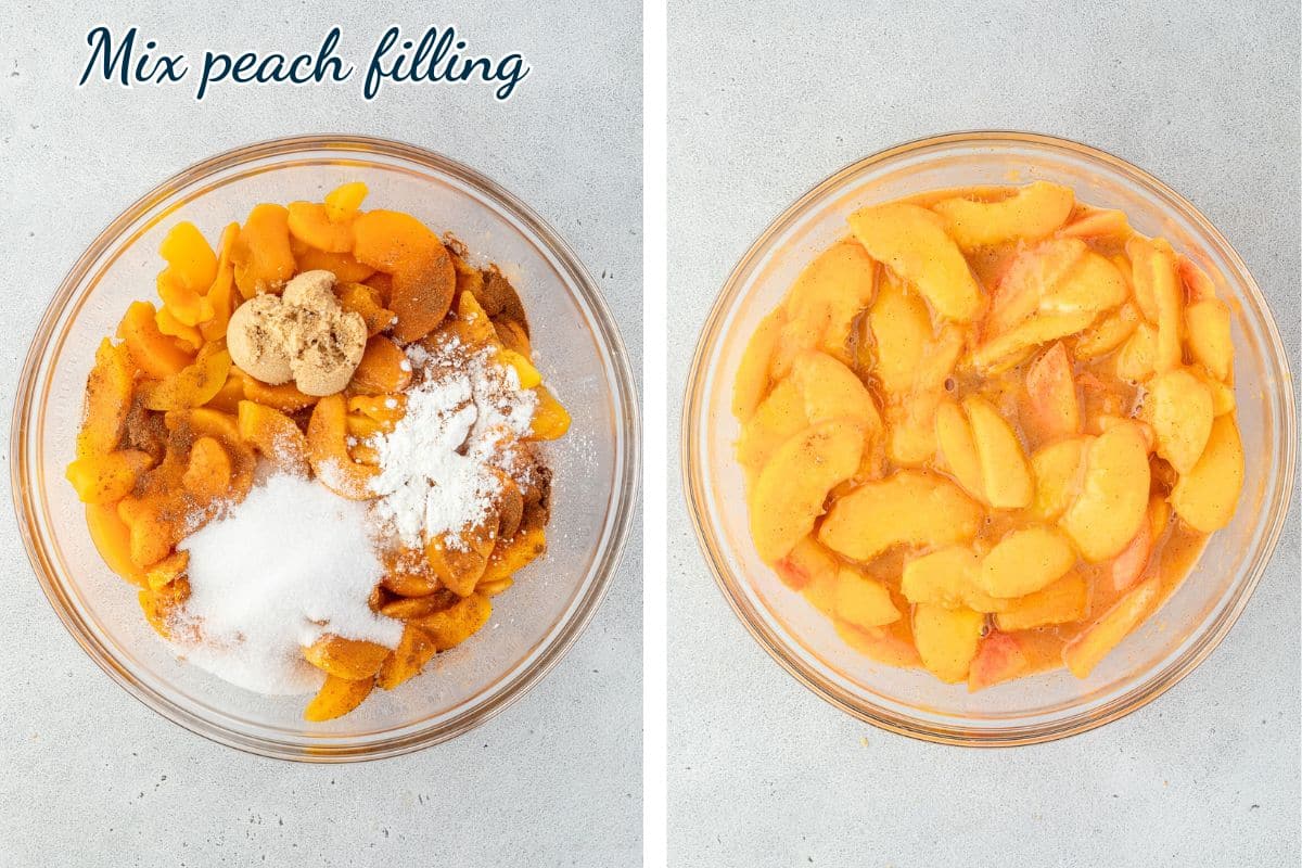Two bowls of sliced peaches: one with sugar and spices on top, the other with ingredients mixed together.