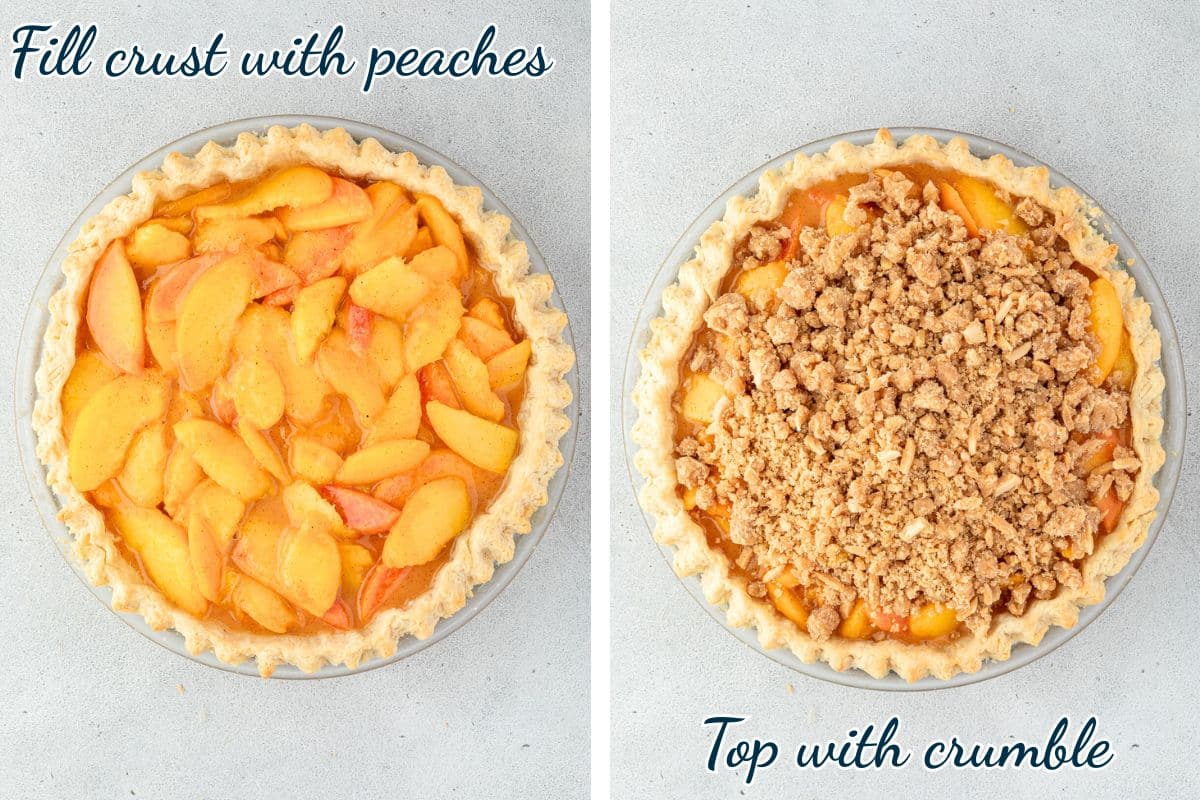 Two images: left shows a pie crust filled with peaches; right shows the same pie topped with crumble.