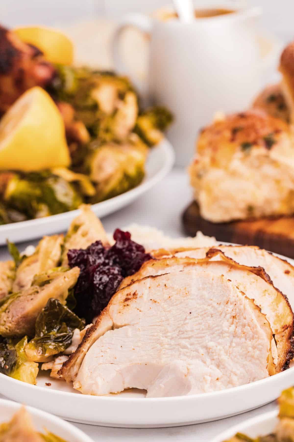 Sliced roast turkey with cranberry sauce and vegetables on a plate, with side dishes in the background.