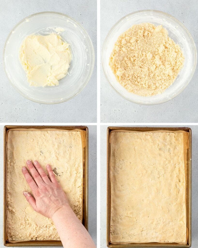 Four-panel image showing step-by-step preparation of dough in bowls and pressing it into a baking pan.
