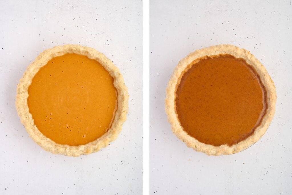 Side-by-side pumpkin pies: one unbaked with orange filling, one baked with brown top.