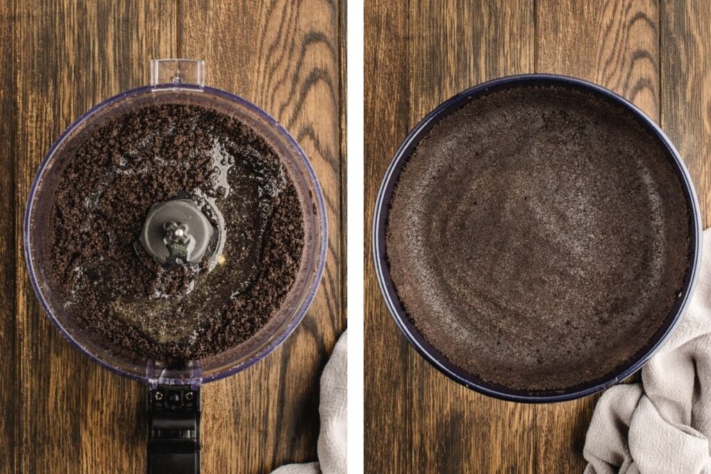 Side-by-side of Oreo crumbs in a food processor and pressed into a springform pan on a wooden surface.