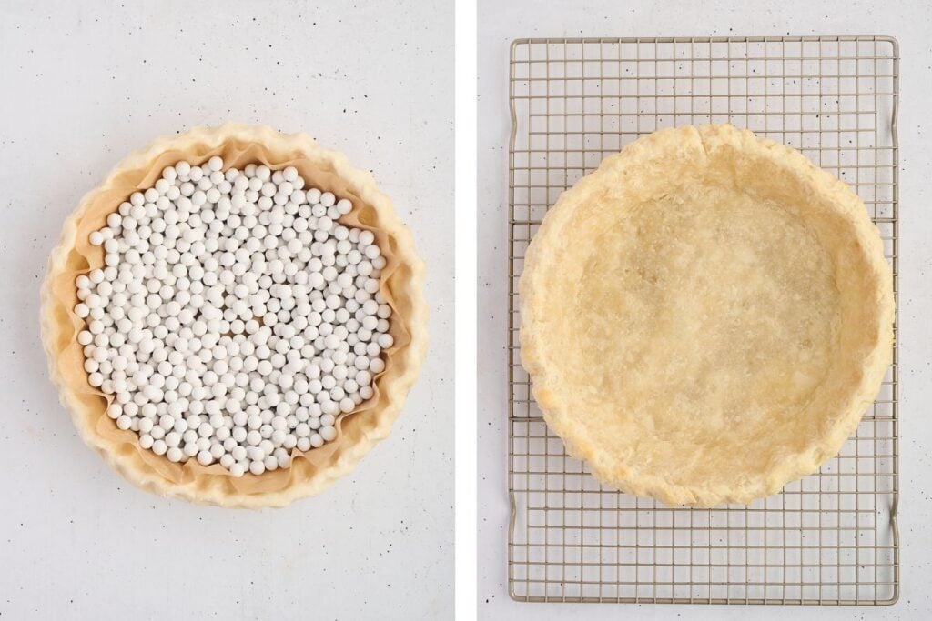 Left: Unbaked pie crust with pie weights. Right: Baked empty pie crust on a cooling rack.