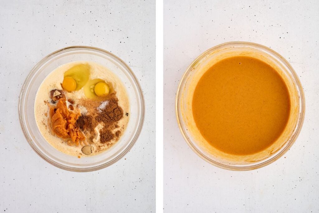 Two bowls: one with pumpkin, eggs, spices, and flour; the other with the ingredients mixed into a smooth batter.