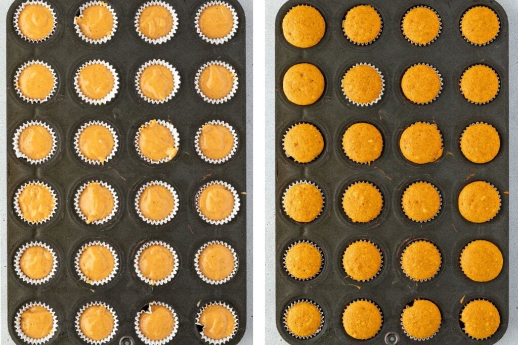 Side-by-side mini muffin trays: left with uncooked batter, right with baked golden muffins in liners.