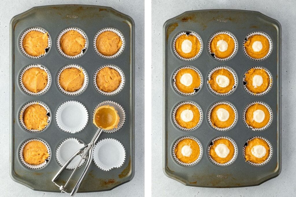 Two muffin pans with orange batter in cupcake liners; one side shows filling, the other has white dollops on top.