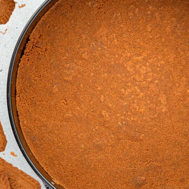 A round pan filled with a smooth, crumbly, brown biscuit crust on a light surface.