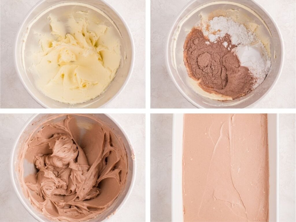 Four steps of making chocolate filling: creamed butter, added dry ingredients, mixed, and layered in pan.