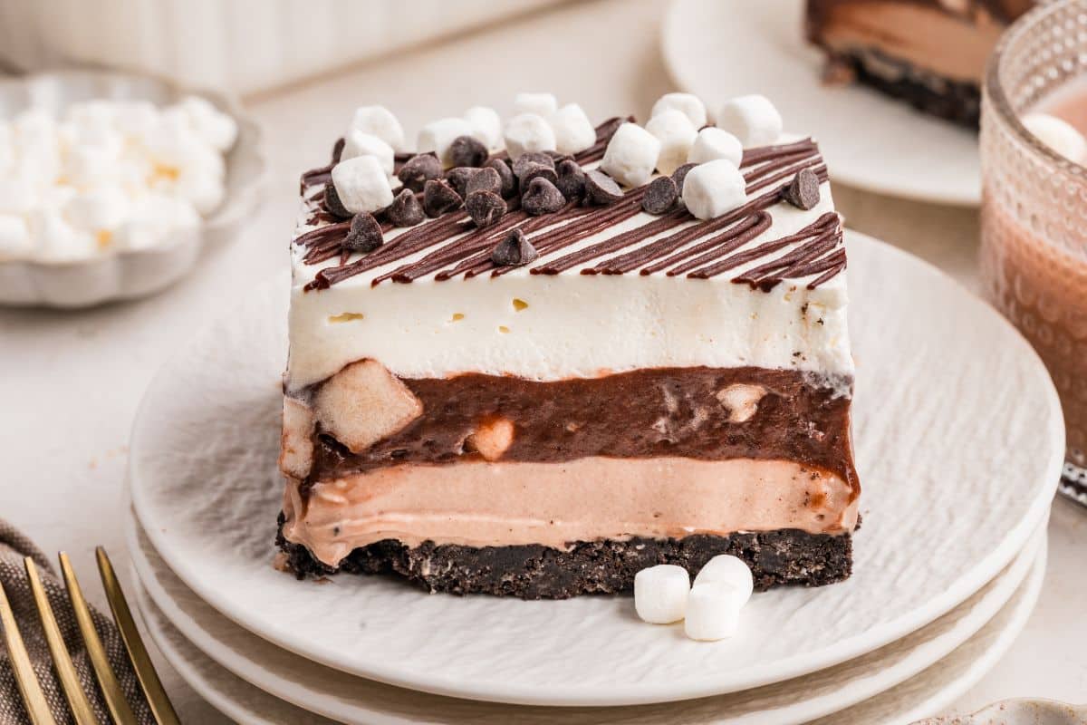 A slice of layered chocolate dessert topped with mini marshmallows and chocolate chips on a white plate.
