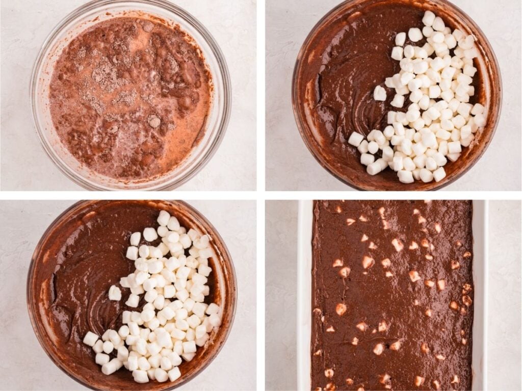 Four steps of making chocolate pudding mixture with mini marshmallows, shown in a glass bowl and baking pan.