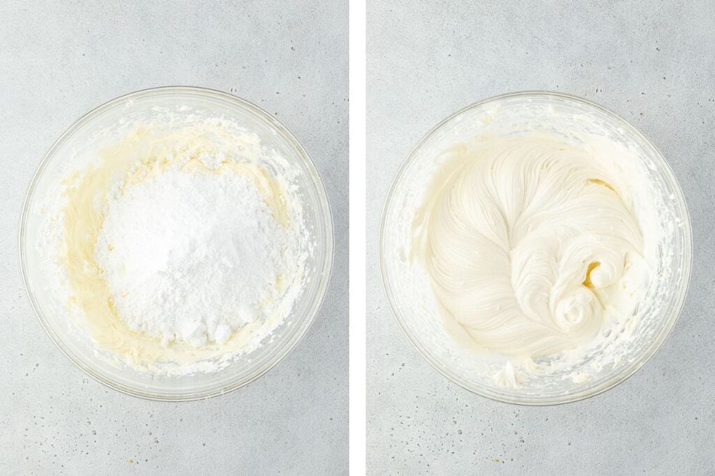 Side-by-side bowls: left has powdered sugar on creamed butter; right shows smooth, whipped frosting mixture.