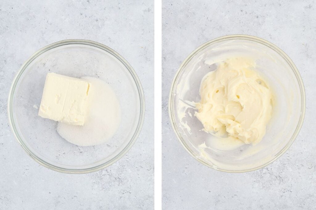 Side-by-side bowls: one with butter and sugar, the other with the mixture creamed together.